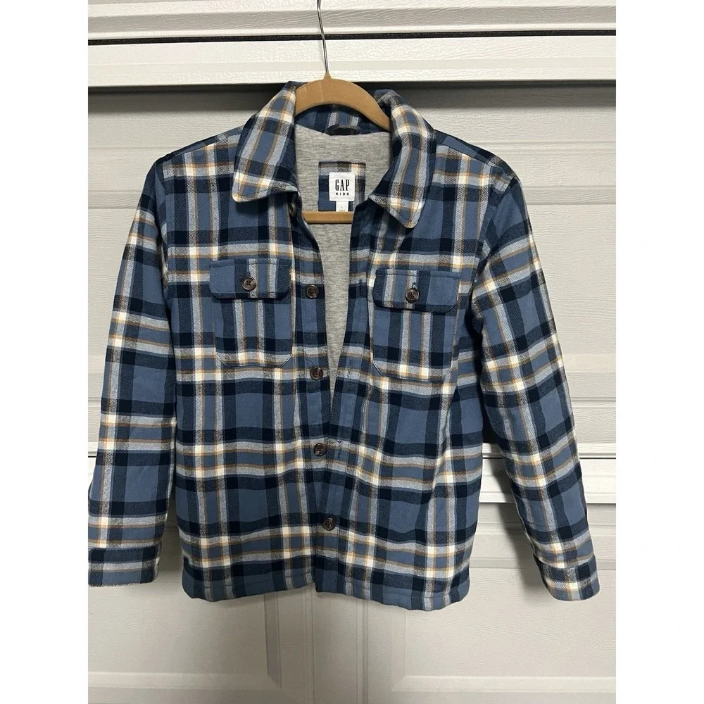 Gap Kids Boys Shacket size L Blue Plaid Flannel Shirt Jacket Jersey Lined preppy